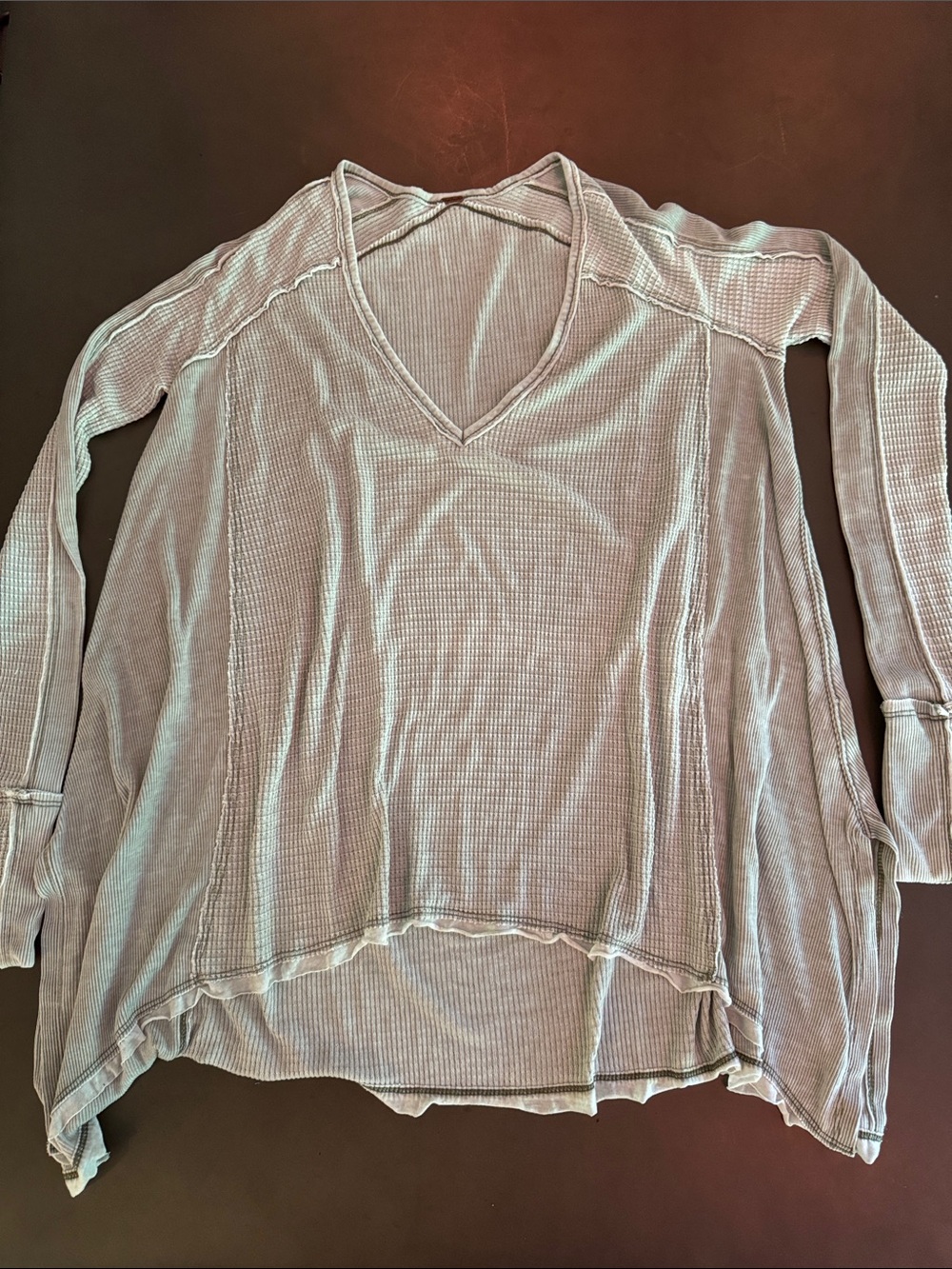 Free People Light Gray Waffle-Knit V-Neck Long Sleeve Top